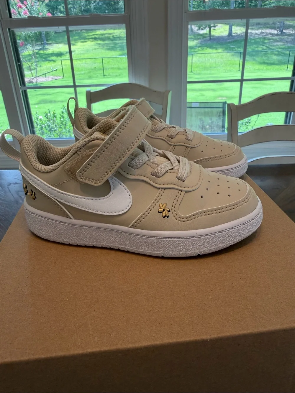 Nike Court Borough Low Recraft Toddler Sneakers Beige/White with Gold Flowers 9C